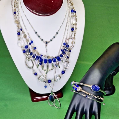 复古蓝色 Lapis Lazuli 蓝色玻璃银色珠宝手链项链 9 件套 — 第 1/4 张图片