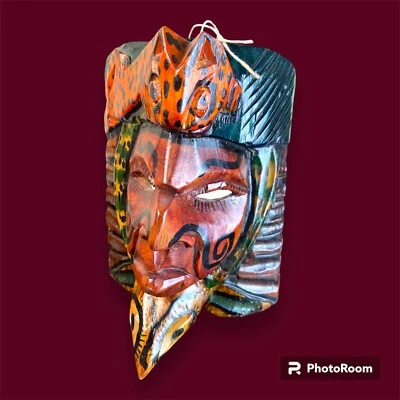 Guatemalan Spotted Jaguar Serpent Mask Handcarved Wood Wall Decor 8.75" Tall - Image 1 of 4
