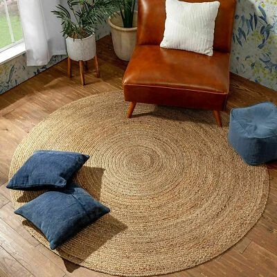 Rug Round 100% Natural Jute Hand Braided Style Reversible Modern Rustic Look Rug - Image 1 of 4