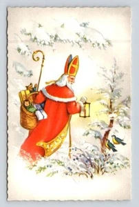 Saint Nicholas, Santa Claus Delivering Gfts on a Winter Day, Christmas Postcard - Picture 1 of 2