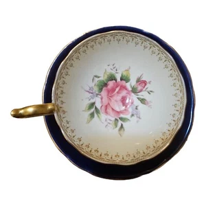 Rare Aynsley Cobalt Blue Pink Cabbage Rose Cup & Saucer Hand Painted England - Picture 1 of 6