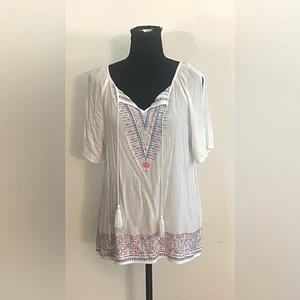 Ruby Rd.- weiße bestickte Bluse mit blauen und orangefarbenen Akzenten Gr. PM - Bild 1 von 6