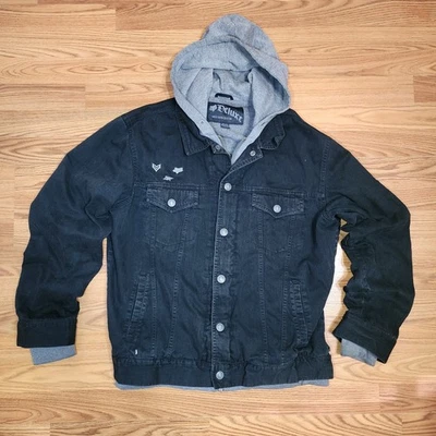 Винтажный Fox Deluxe куртка мужская X большой черный серый с капюшоном джинсовой ткани булавки Y2K гранж - Изображение 1 из 4