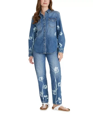 Camisa Driftwood Lana Denim Abotonada Para Mujer X Flores Fantasma Azul Lavado M Foto 1 de 4