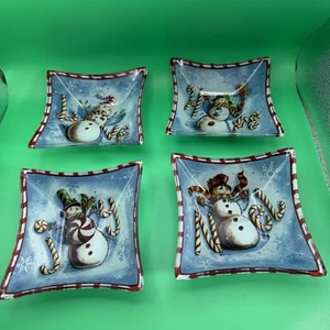 Set Of 4 Assorted Glass Square Dessert Bowls Christmas Snowman  Prima Design NEW - Picture 1 of 5