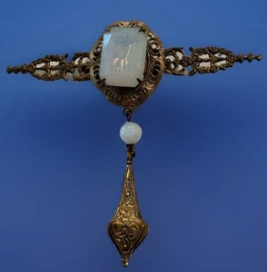 Vtg Pin Brooch Gold Tone Filigree Repousse Moonstone Glass Cabochon Revival - Picture 1 of 10