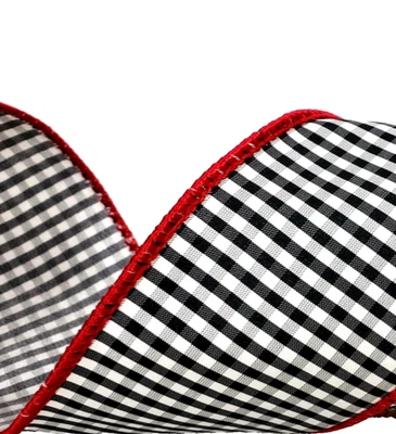 Christmas Black White Gingham 2.5" x 2 yds Wired Ribbon Micro Check Red Edges - Image 1 of 3