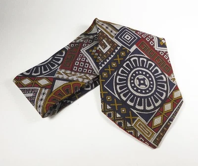 Vintage AZTEC TRIBAL PRINT Necktie - Navy, Burgundy, Gold and White - Image 1 of 2