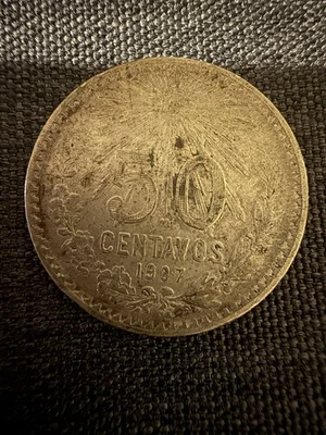 1907 Mexico 50-Centavos 80% Fine Silver Coin, Eagle, Snake, Cap & Rays - Image 1 of 2