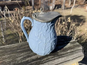 Antique English Blue Pottery Art Nouveau Syrup Pitcher Creamer With Metal Lid - Picture 1 of 9