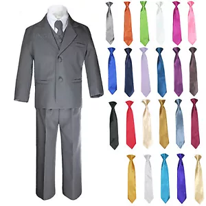 6pc Boys Kid Teen Formal Wedding Tuxedo Dark Gray Suit + a Color Necktie 5-20 - Picture 1 of 27