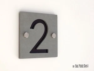 Modern House Numbers, One Number Square Concrete with Brown Acrylic - Picture 1 of 7