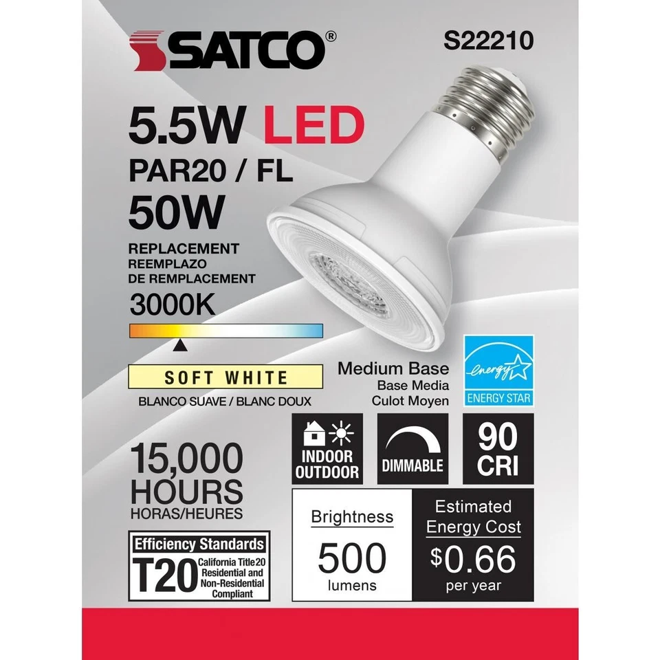 SATCO S22210 - 5.5 Watt PAR20 LED Bulbs - 3000K - 120 Volts (6 Pack) - Image 1 of 4