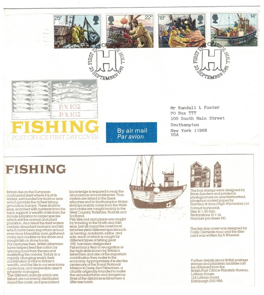 1981 FDC UK GB FISHING FIRST DAY AIRMAIL LONG COVER TO NEW YORK & INSERT - Image 1 of 1