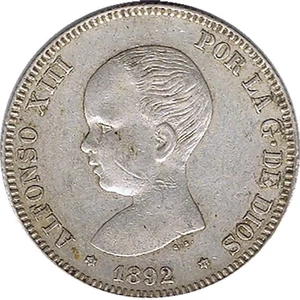 ESPAÑA 2 PESETAS DE PLATA 1892 ALFONSO XIII PG M (ESTRELLA 92 ) - Picture 1 of 2