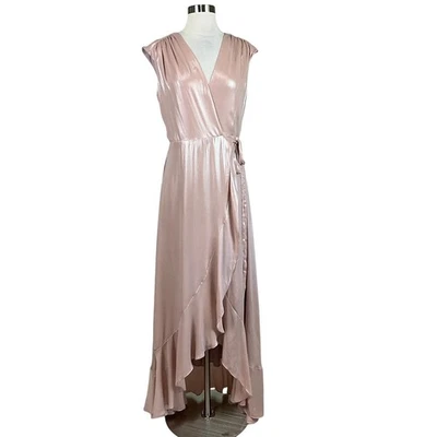 AQUA Women's Formal Dress Size 6 Pink Metallic Satin High Low Ruffled Wrap Gown - Image 1 of 4