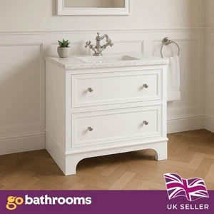 White Bathroom Vanity Unit with Marble Top Sink 2 Drawer Storage Classic 1000mm - Picture 1 of 10