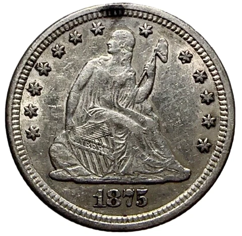 1875 Seated Liberty Quarter, Nice Luster, Light Toning Cover