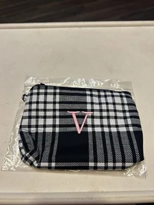 New Thirty One Mini Zipper Pouch Perfectly Plaid Black White Pink V Embroidered - Picture 1 of 4