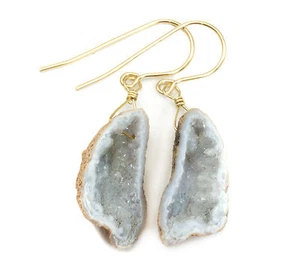 Natural Druzy Small Baby Geode Earrings 14k Gold Filled White Drusy Tabasco 8G - Picture 1 of 2