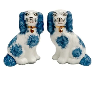 Pair Of Staffordshire Style Dogs 5.5" H Small Blue Spaniel Mantel Dog Figurines - Picture 1 of 7