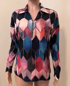 Camicetta donna fantasia vetro colorato manica lunga-anello zip davanti-taglia L/XL-NUOVA - Foto 1 di 3