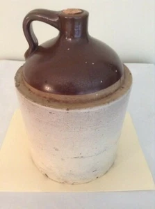 Antique Whisky Jug Tan and Brown Single Handled Stoneware Moonshine Crock - Picture 1 of 10