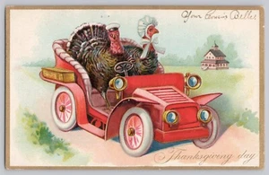 Postcard Thanksgiving Day Anthropomorphic Turkeys Driving Embossed Circa 1908 - Picture 1 of 2