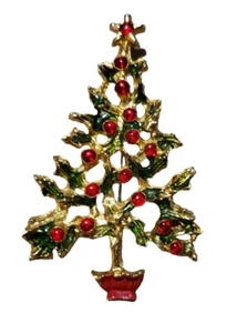 Goldfarbene Christbaum Brosche Anstecknadel offen Stechpalme Blatt Blätter rot grün Emaille - Bild 1 von 5