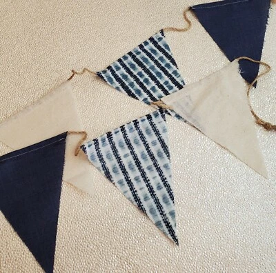 Banner de tela de arpillera de mezclilla azul marino blanco crema decoración rústica elegante 2 yardas Foto 1 de 2