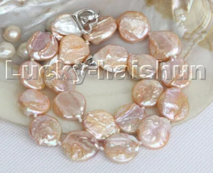 Luster natural 17" 17mm pink coin fastener Reborn keshi pearls necklace c137 - Picture 1 of 4