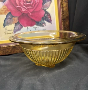 Hazel Atlas Vintage Yellow Gold Depression Ribbed Glass Bowl - Picture 1 of 5