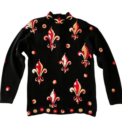 Suéter Vintage Marisa Christina Fleur-de-Lis Mediano Regal Negro Rojo Dorado Foto 1 de 4