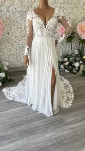 Long Sleeve Lace Chiffon Wedding Dress Gown Slit Size 8 - Picture 1 of 6
