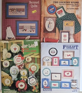 Lot Of 4 Vtg Cross Stitch Books Country Store Folk Art Barnyard Quilts Jar Lids - Picture 1 of 14