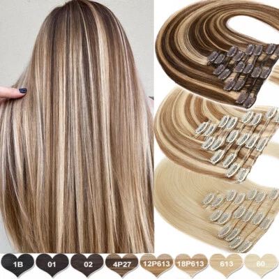 LIQUIDACIÓN Clip en Extensiones de Cabello Remy Humano 100% Real Cabeza Completa Trama Resaltado Foto 1 de 4