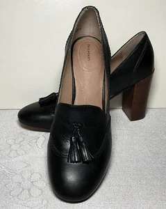 LANDS END women leather Black Stacked classic HEELS SHOES tassels sz 8.5B 521 - Picture 1 of 11