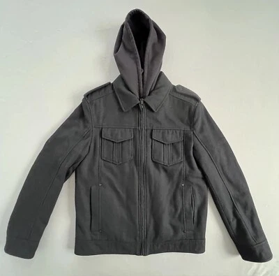 Guess Men Hooded Coat Wool Blend Size MEDIUM Black Full Zip Lined Thermal Jacket - Image 1 of 4