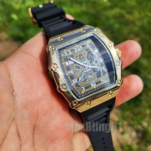 Watch Gold Plated Case Bling Stylish Black Silicone Band Luxury Sports Unisex - Picture 1 of 3
