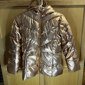 Girls Wonder Nation Puffy FauxFur Jacket Metallic Shiny Copper Pink Hood L 10-12 - Picture 1 of 4