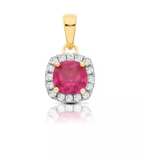 Ruby Cushion Cluster Pendant Solid 9ct Yellow Gold 18" Chain Hallmarked - Picture 1 of 4