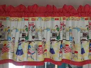 1950's RETRO Kitchen Valances, "Home Ec", Women Working In Aprons In Kitchen Red - Picture 1 of 4