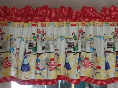 1950's RETRO Kitchen Valances, "Home Ec", Women Working In Aprons In Kitchen Red - Image 1 of 4