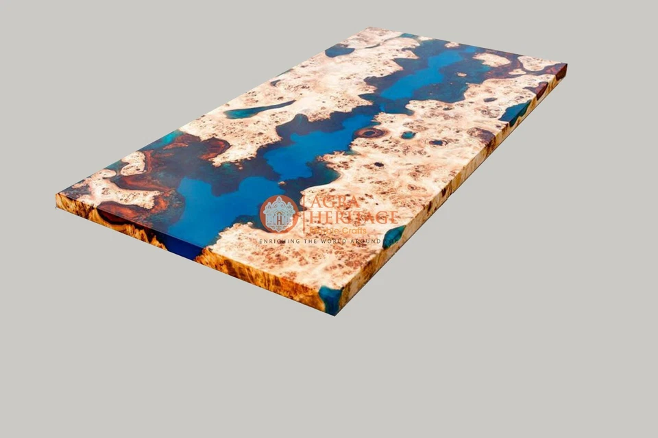 Blue Resin Mappa Burl Acacia Wooden Dining Custom Corridor Table Furniture Deco - Image 1 of 1