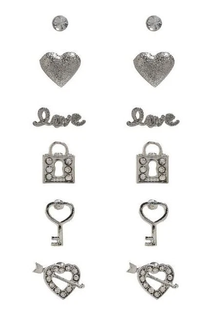 Set Di 6 GUESS Color Argento Love,Cuore,Lucchetto,Cuore Chiave,Strass Orecchini - Immagine 1 di 1