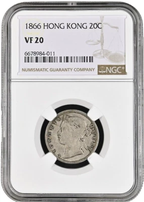 1866 HONG KONG 20 Cents Silver Coin Royal Mint Queen Victoria NGC VF-20  - Image 1 of 4