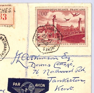 FRANCE Air Mail 100f *Birds* HIGH VALUE Cover Arromanches Reg'd 1950 Kent XF238 - Image 1 of 4