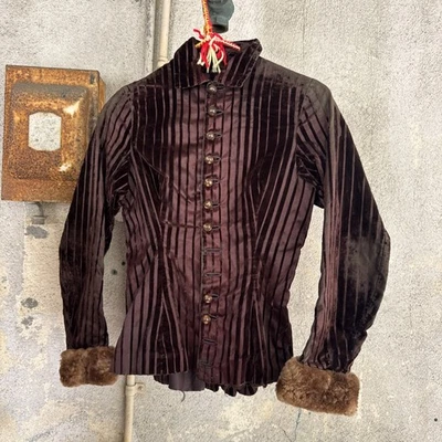 Antique Victorian Brown Velvet  Bodice Fur Cuffs Blouse Dress Top Shirt Vintage - Image 1 of 4