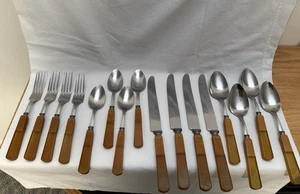 Vintage Bakelite 16 Pcs Butterscotch Two Tone Flatware Art Deco Stainless Steel - Picture 1 of 10