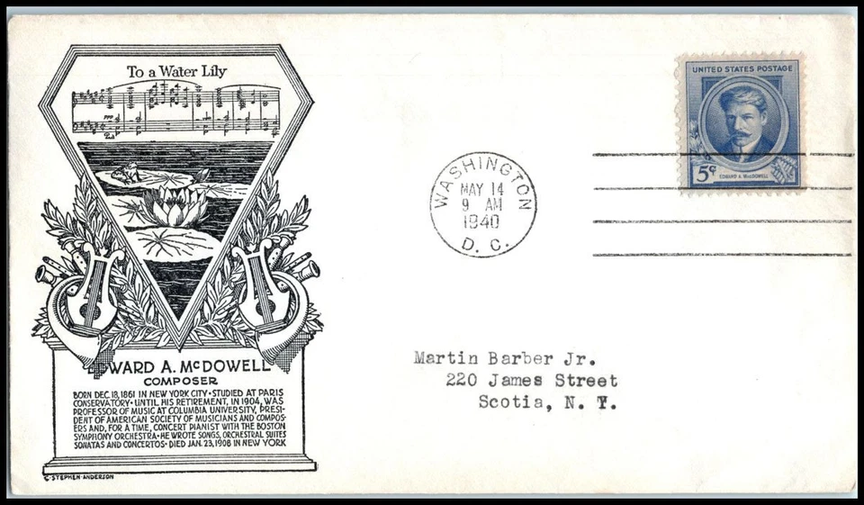 1940 Edward MacDowell composer Sc 882 FDC with C. Stephen Anderson cachet (46 - Image 1 of 1